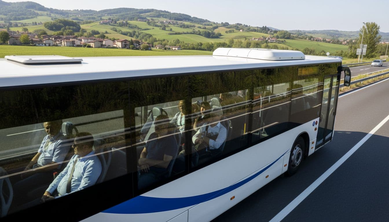 Un autobus moderno viaggia sull'autostrada A4 da Torino verso Milano Malpensa, con paesaggio collinare piemontese sullo sfondo e quattro passeggeri rilassati visibili attraverso i finestrini in una giornata luminosa.