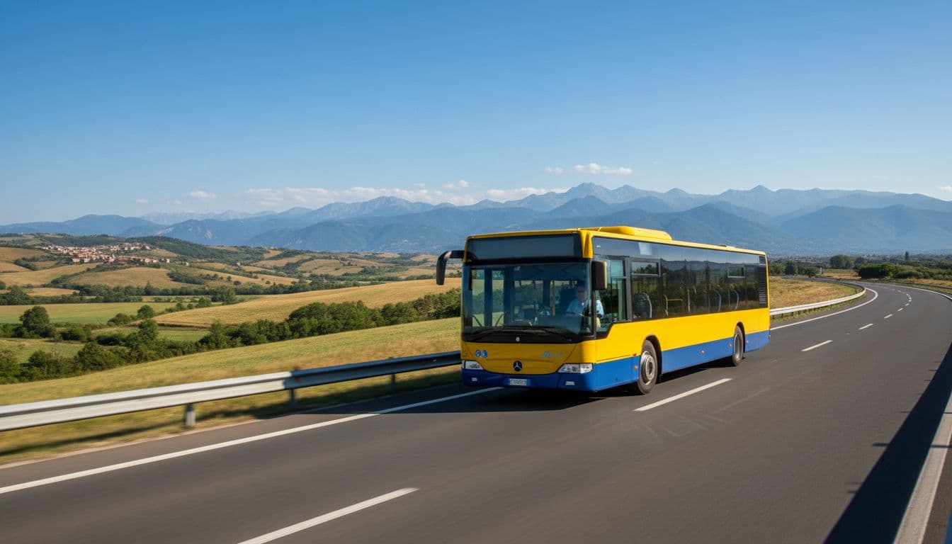 Un autobus moderno giallo e blu sfreccia sull'autostrada A25 diretto a Roma, con le colline abruzzesi sullo sfondo in un paesaggio soleggiato diurno.