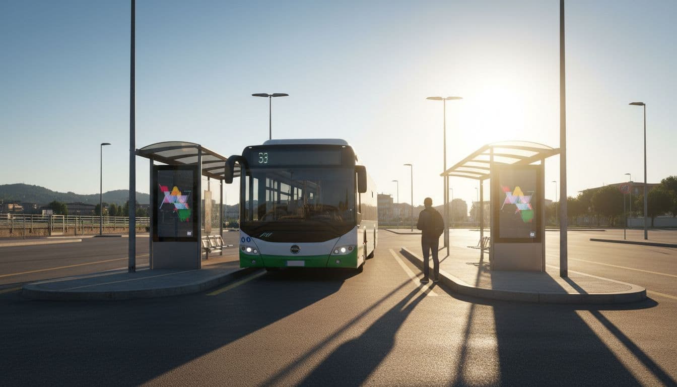 Frontal view of a realistically rendered parked bus at the Avellino autostazione bus stop on a sunny day, featuring informative panels and a single person waiting from a distance with relaxed hands.