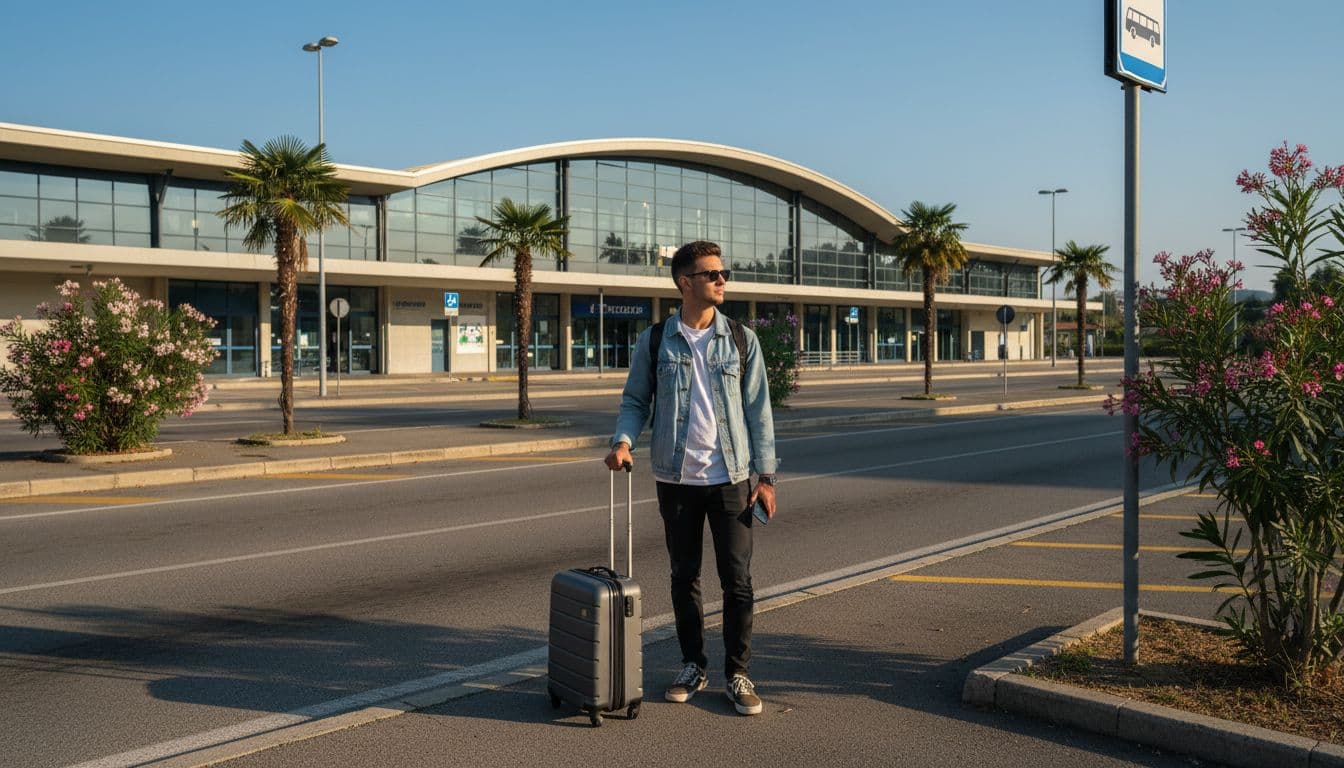 Una persona con bagaglio leggero, una mano sul trolley e l'altra libera, aspetta l'autobus alla fermata della stazione bus di Avezzano durante una mattina soleggiata, con l'edificio della stazione sullo sfondo.