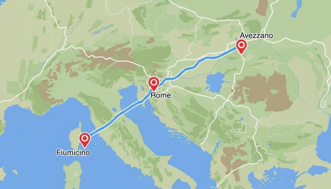 A clean vector illustrative map of the route from Avezzano to Fiumicino, featuring main stops marked by red dots, highlighted roads, and central Italy background with Rome centered. Simple top-down view without readable text, people, or extra elements.