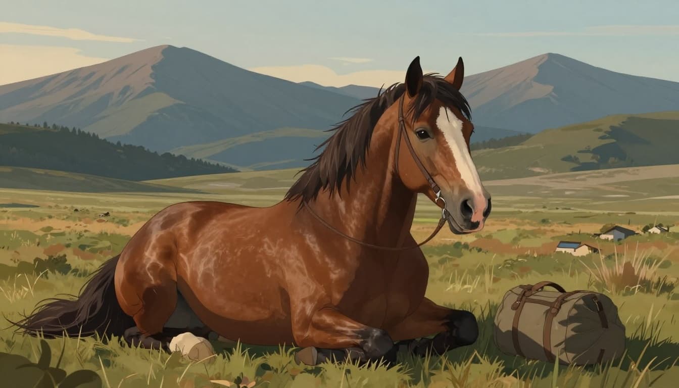 Illustrazione fotorealistica di un cavallo Criollo che riposa rilassato su prateria dopo un trekking, con bisacce accanto e luce calda del tramonto.