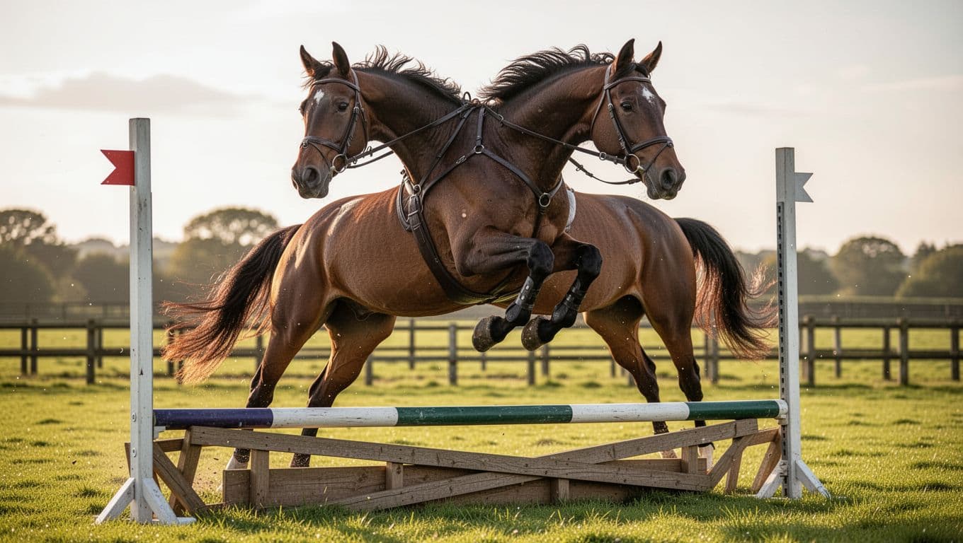 Original copyright-free illustration of a bay Irish Sport Horse leaping over a wide obstacle with a courageous, determined expression, tucked front legs, powerful hindquarters, and elastic arched back. Realistic photographic style with precise anatomy, low side-angle view on a grassy field under warm afternoon sun.