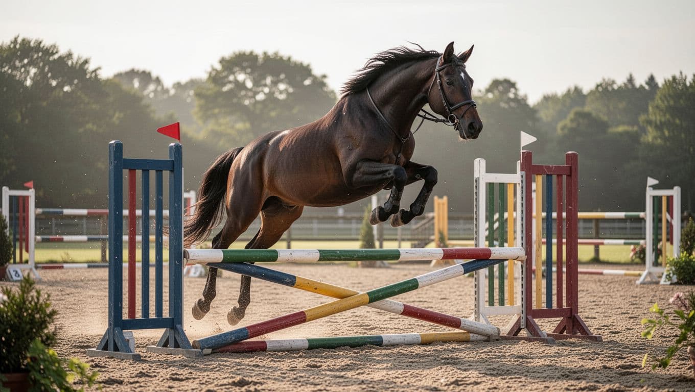 Detailed realistic illustration of a single bay Irish Sport Horse in perfect bascule phase over a wide amateur oxer obstacle, with rounded back, elastic topline, stretched neck forward, pricked ears, and courageous gaze. Sand arena with simple colored barriers, soft morning natural light, dynamic 3/4 lateral view, anatomically precise proportions.