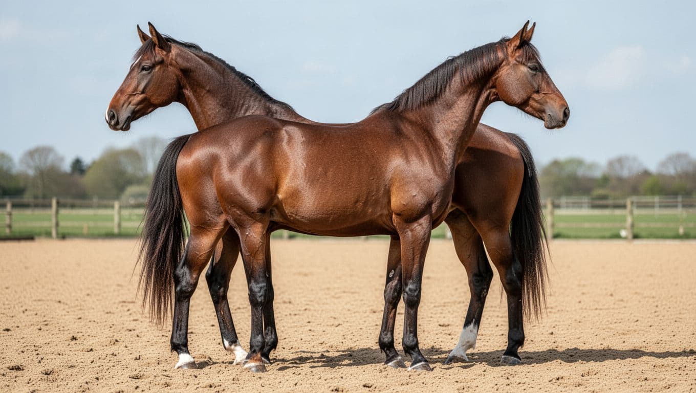 Detailed realistic illustration of a bay Irish Sport Horse with modern sporty build, long-lined frame, and good bone structure, standing on a sandy field in side view to highlight straight muscular back, high head, and alert ears in natural bright lighting.
