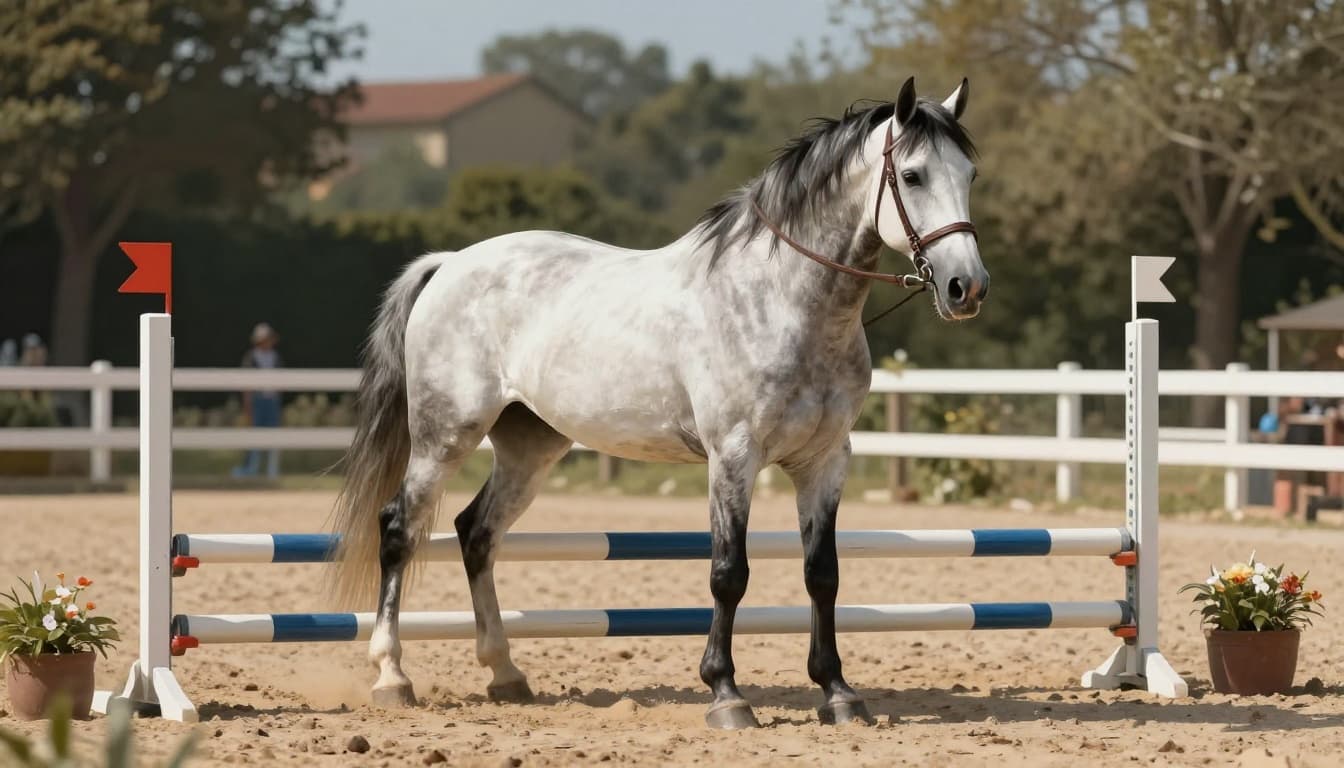 Illustrazione realistica di un Cavallo Sella Italiano baio in maneggio italiano, vicino a un piccolo ostacolo da salto amatoriale, in posizione attenta.