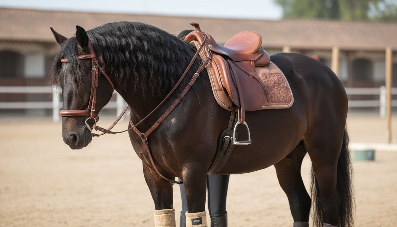 Dettaglio di sella e finimenti per working equitation su Lusitano