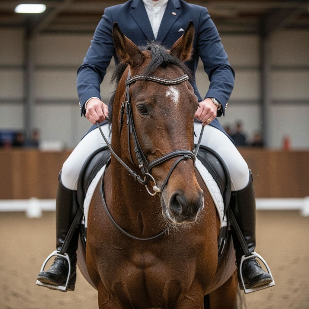 Illustrazione fotorealistica di testa e collo di un cavallo Oldenburg con cavaliere amatoriale, contatto morbido e bocca rilassata in arena indoor.