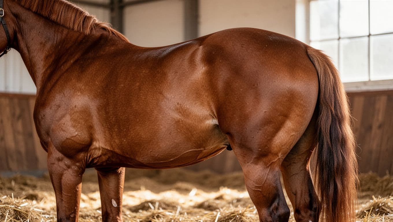 Primo piano fotorealistico di un cavallo Oldenburg che mostra schiena, lombi e groppa in vista laterale posteriore, senza cavaliere.