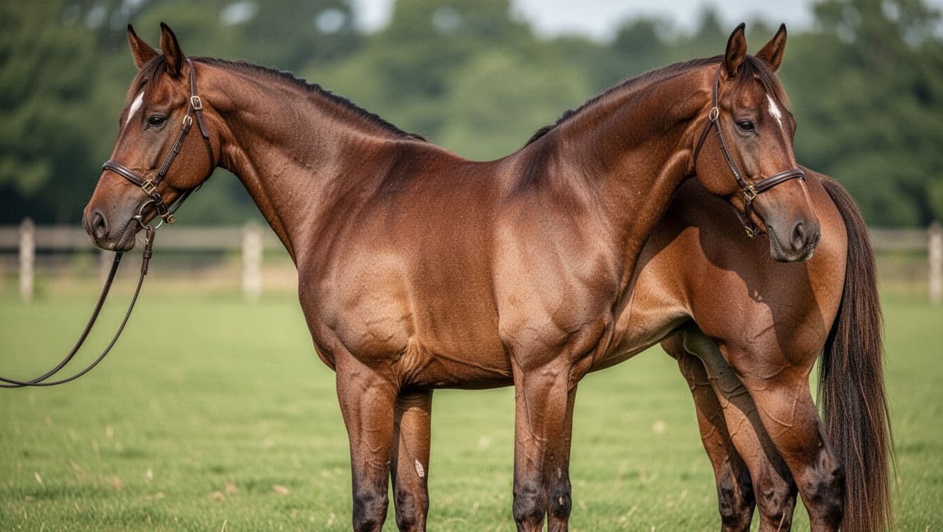 High-definition realistic illustration of a single athletic bay Selle Français horse in 3/4 profile stance on a green grass field under soft daylight, emphasizing ideal jumping conformation with muscular physique and precise anatomy.