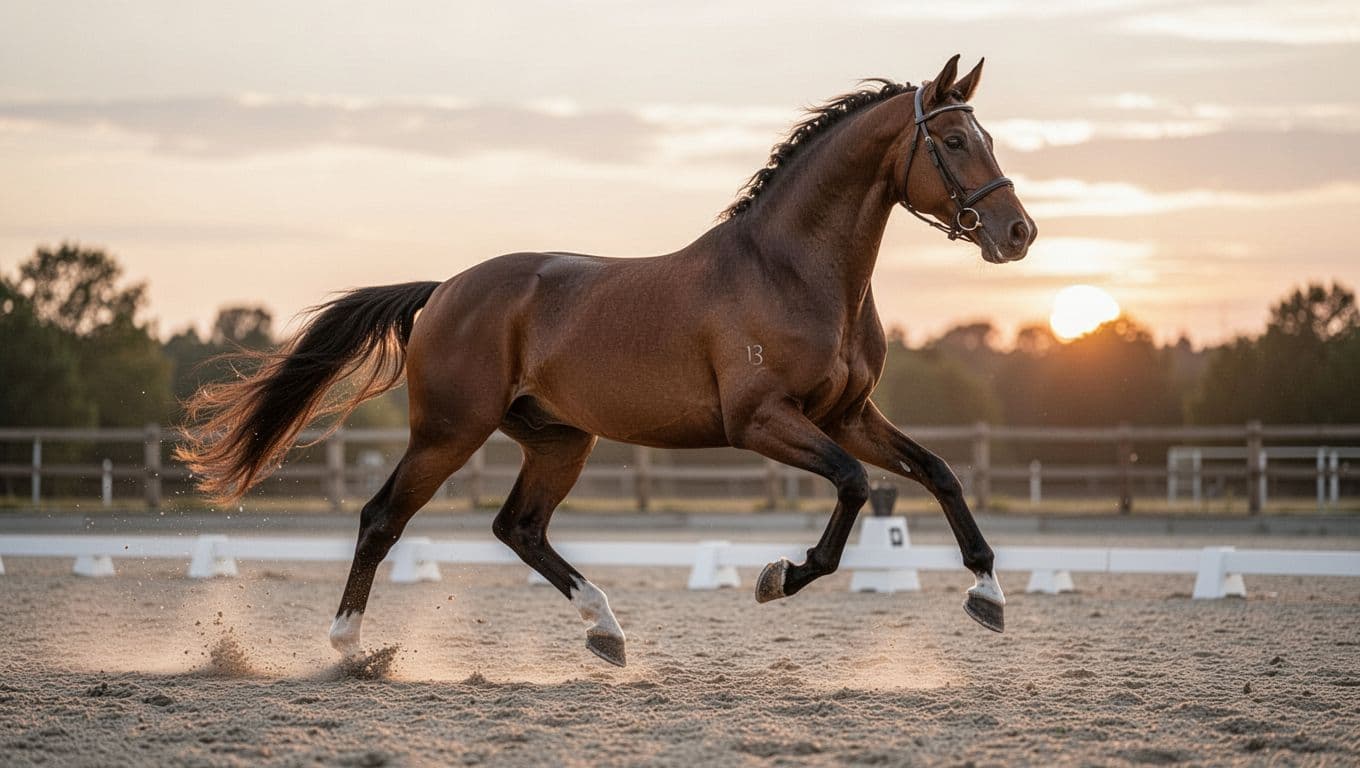 Digital ultra-realistic illustration of a bay Trakehner dressage horse in collected canter, showcasing powerful impulsion, elastic back, and flexed neck from a dynamic 3/4 side view at sunset in a light sand arena.