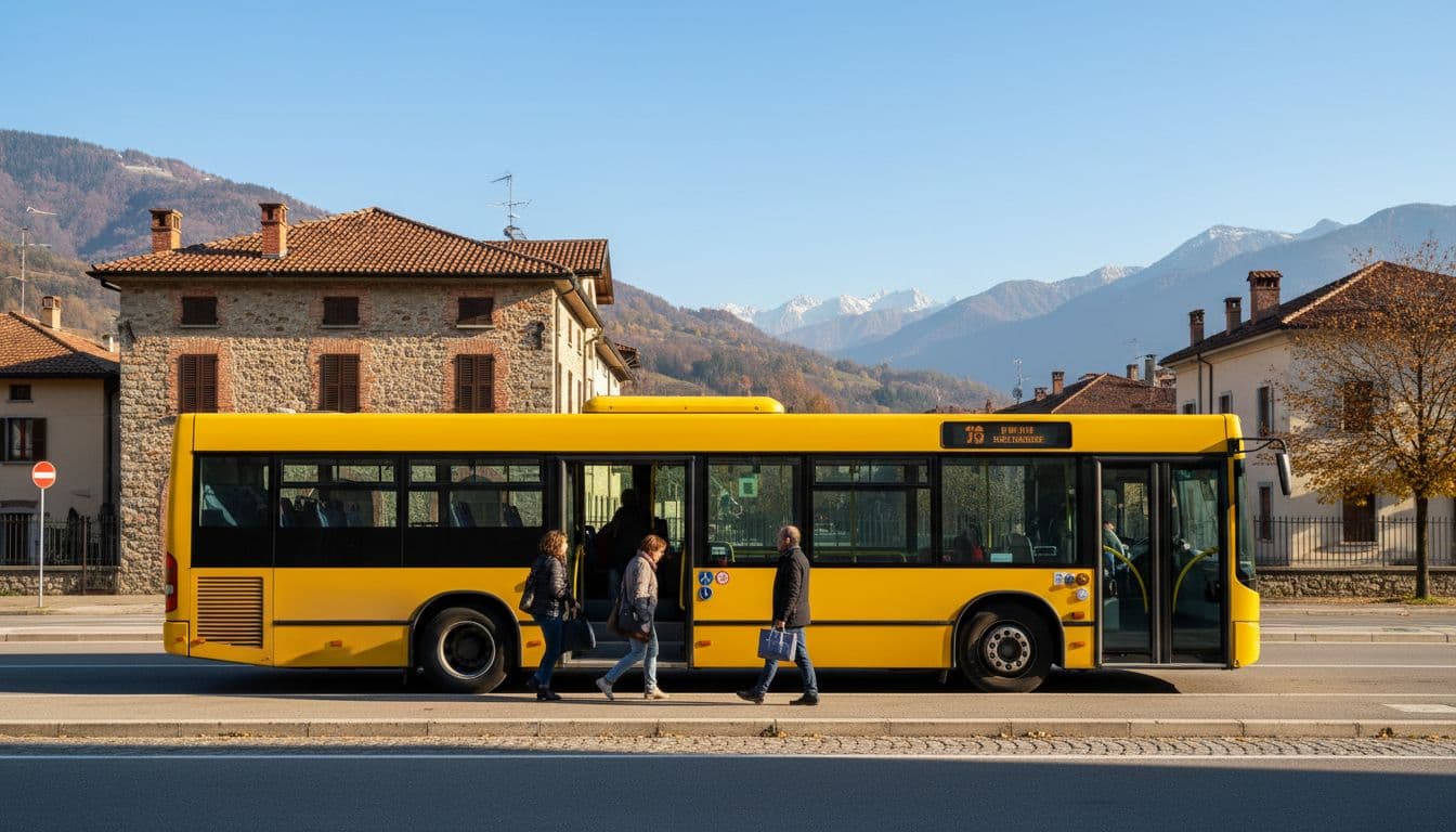 Autobus giallo locale fermo a una stazione di Biella in una soleggiata giornata autunnale, vista laterale con porte aperte e passeggeri in salita.