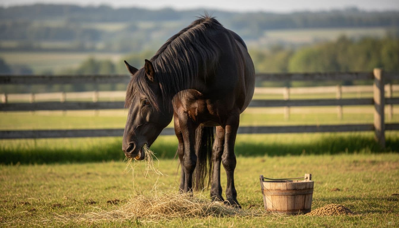 Un Frisone che mangia fieno in paddock con luce del mattino