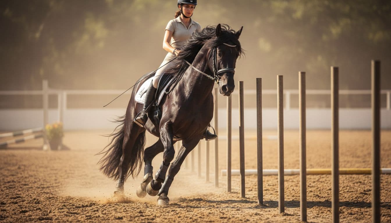 Lusitano nero in esercizio tra paletti con curva raccolta