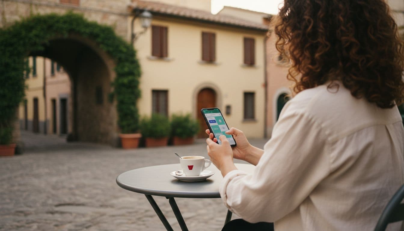 A person sits relaxed at an outdoor cafe table in Italy, using a smartphone to book a bus ticket to Fiumicino airport, with a blurred app interface on screen and coffee cup nearby in morning light.