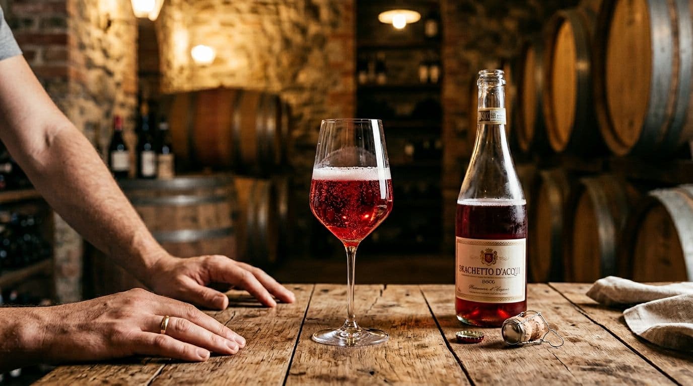 High-definition realistic editorial photo of a ruby red lightly sparkling Brachetto d'Acqui wine glass with visible bubbles on a rustic wooden table in a warm-lit Piedmontese cellar, beside an open bottle and crown cap, bokeh wooden barrel background.