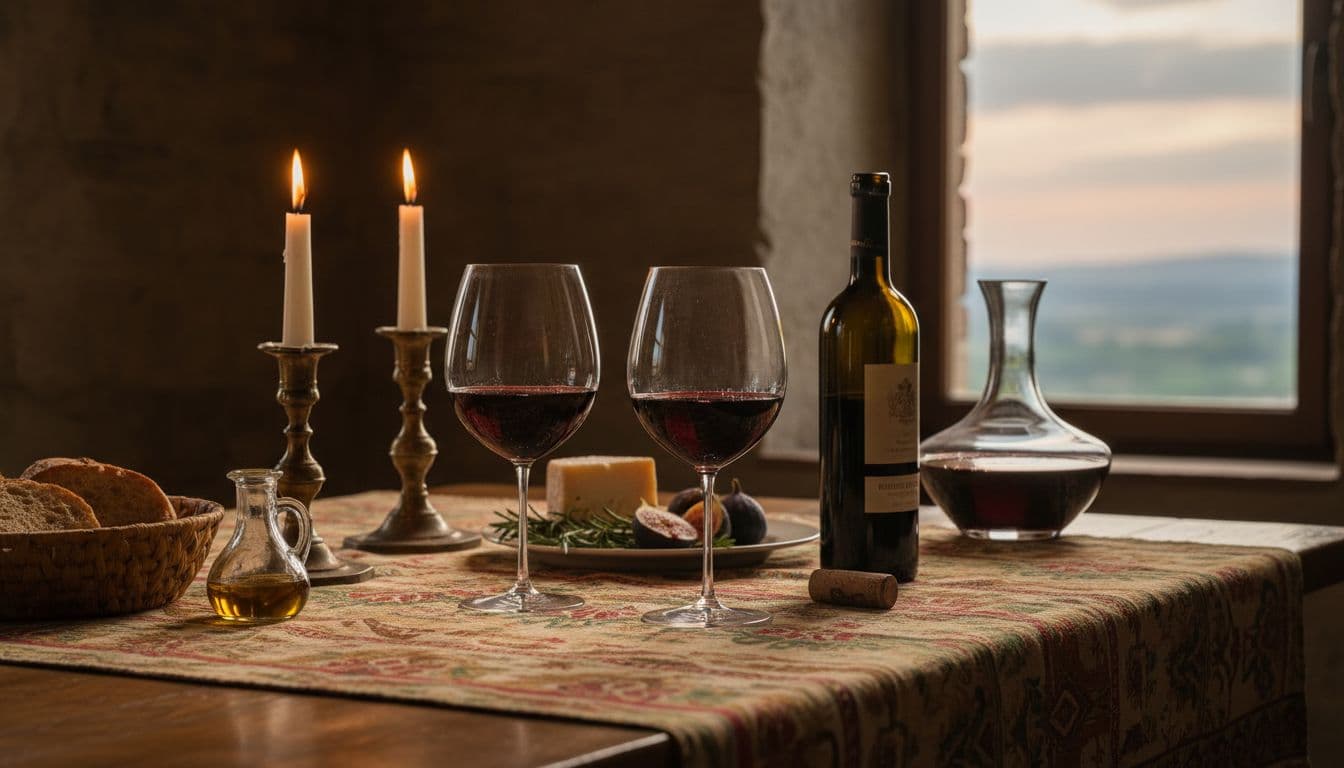 Refined editorial photo of two glasses of Brunello di Montalcino served at the perfect temperature on a Tuscan set table, accompanied by an open bottle and decanter in a premium convivial atmosphere with natural soft light and authentic details.