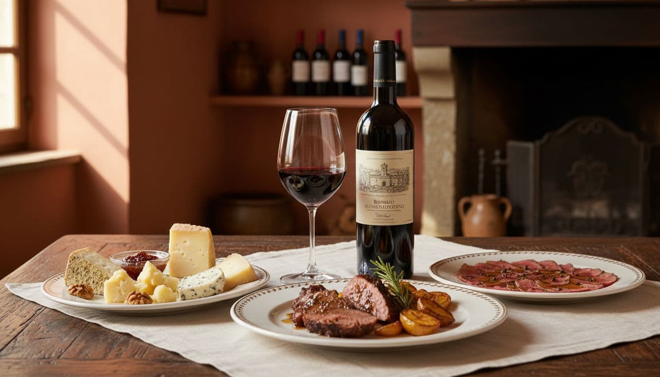 Refined editorial photo of a Brunello di Montalcino bottle and glass on an elegant Tuscan table, paired with roasted game, red meats, and aged cheeses under warm natural light.