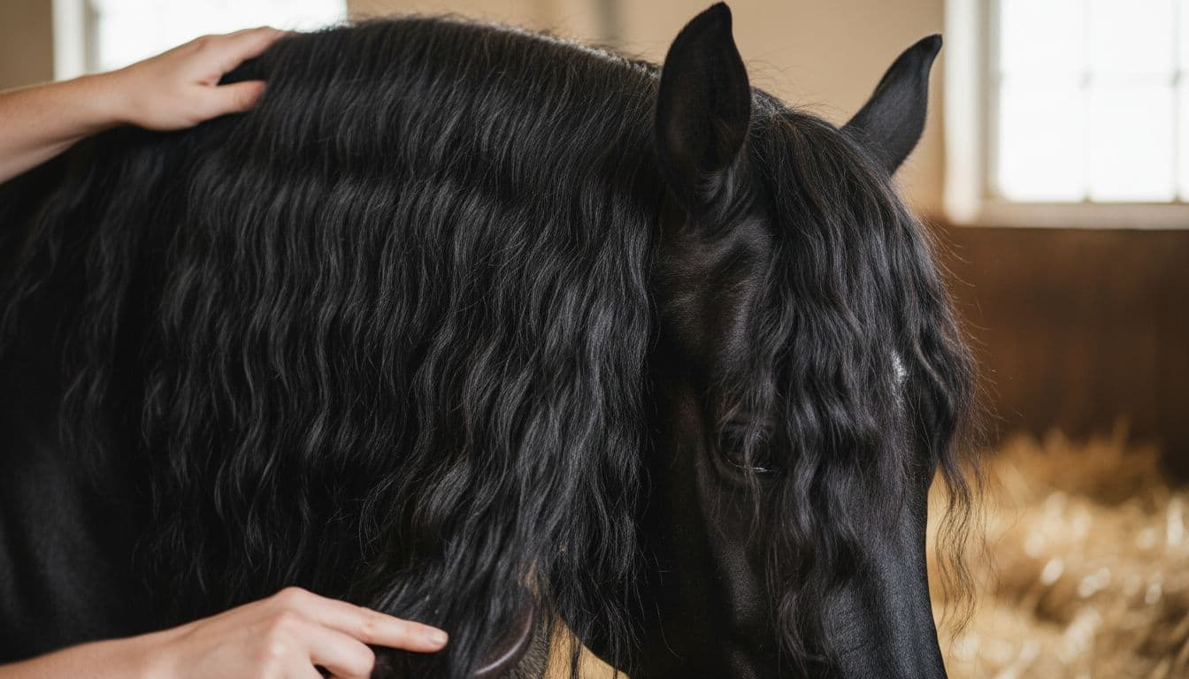 Dettaglio della criniera di un Frisone mentre viene spazzolata