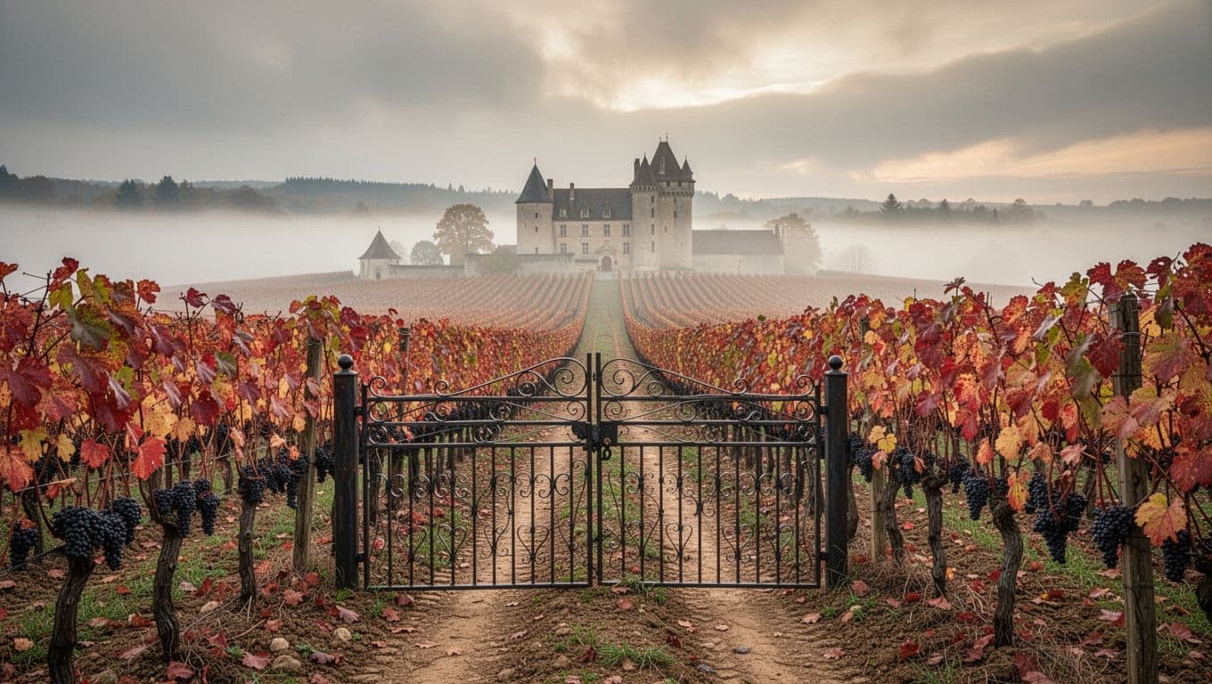Hilly landscape of Pinot Noir vineyards in Burgundy, France during autumn, with red and orange leaves, residual grape clusters, morning mist, open wrought iron gate in foreground leading to distant winery.