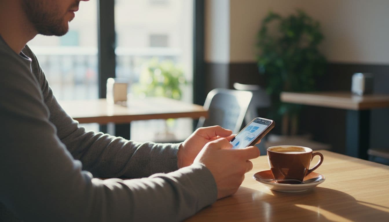 A person purchases a bus ticket online using their phone at a cafe table with coffee in Potenza, featuring relaxed hands, angled blurred screen, realistic everyday style, and natural morning light.
