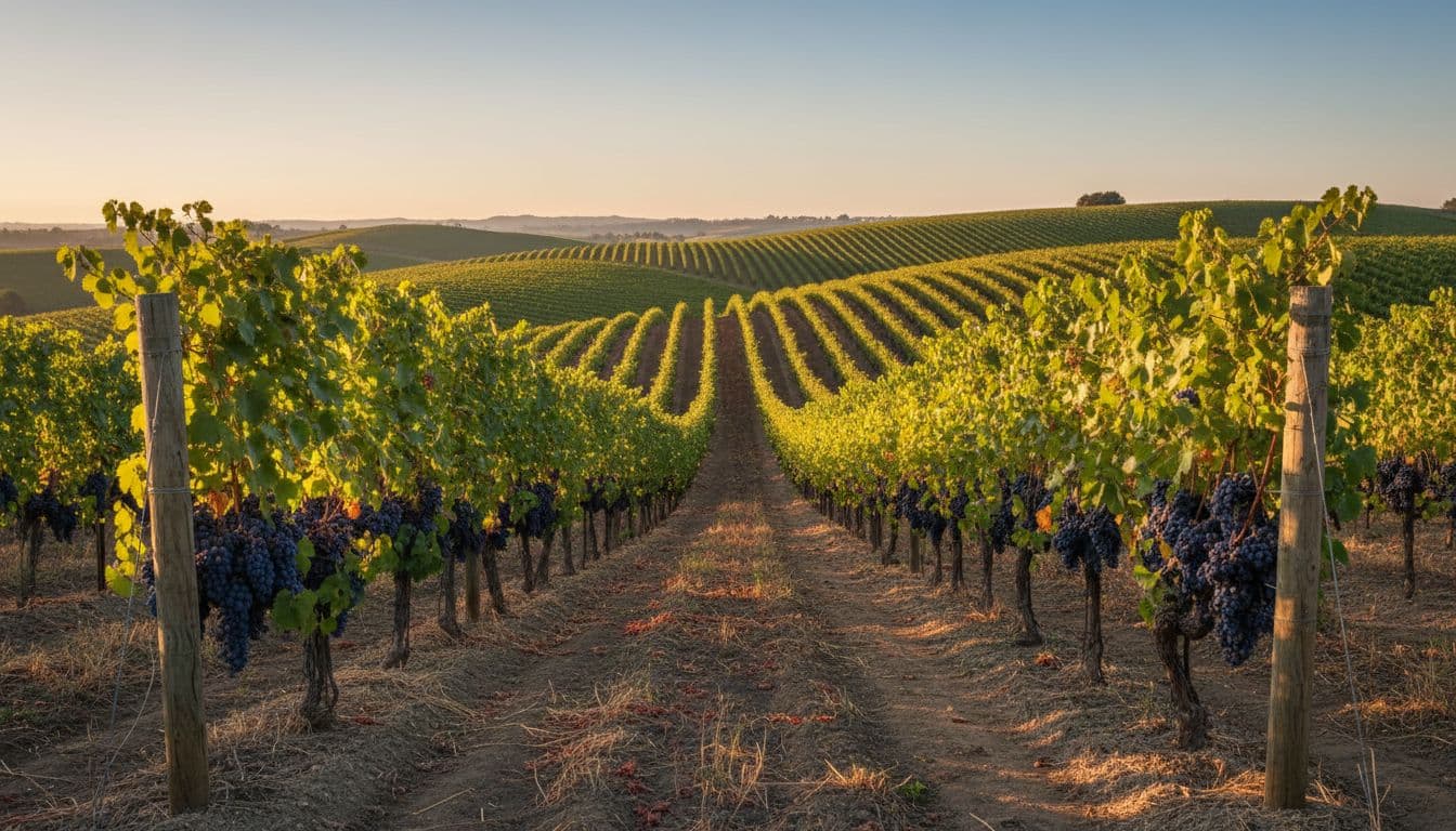 Vigneto di Cabernet Sauvignon con grappoli maturi di uva rossa scura su viti rigogliose su collina ondulata sotto cielo sereno al tramonto, landscape ampio con filari estesi, stile fotografico realistico.