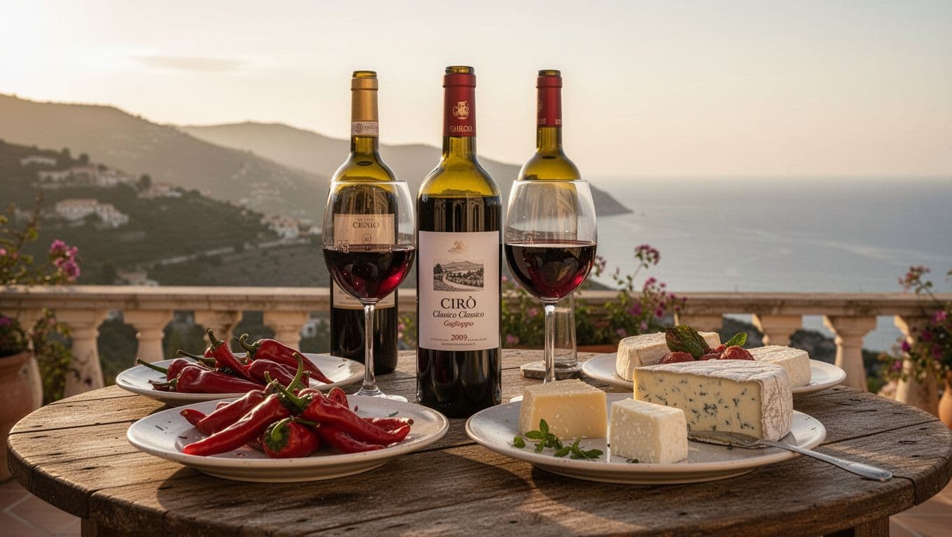 Realistic high-definition editorial photograph of a rustic table on a Calabrian terrace with Ionian Sea view, featuring an open bottle of Cirò classico Gaglioppo wine, a full glass of ruby red wine, peperoncino, and local cheeses in golden sunset light with soft shadows and wine reflections.
