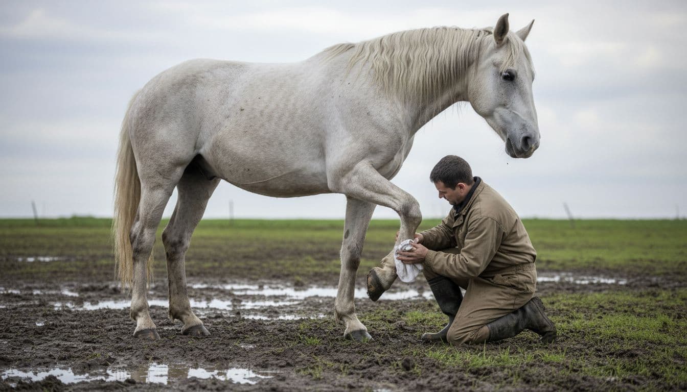 Photorealistic high-definition illustration of a Camargue horse standing still in a wet paddock while a groom kneels to gently clean its rear hoof with a soft brush, dry cloth, and protective cream.