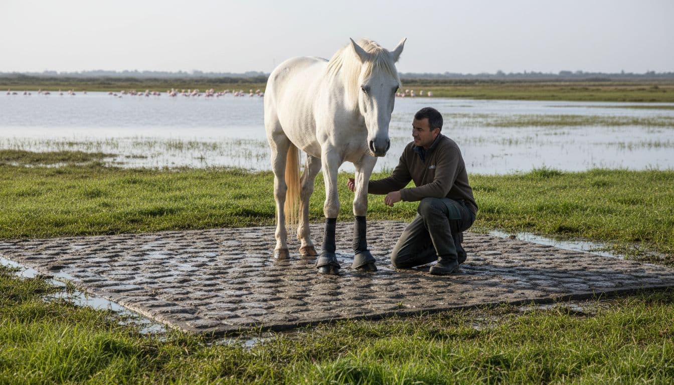 Photorealistic high-definition illustration of a Camargue horse with waterproof bandaged hooves standing on a draining floodable paddock surrounded by grass and dried puddles, groom closely inspecting hooves, humid Camargue landscape with distant flamingos in clear morning light.