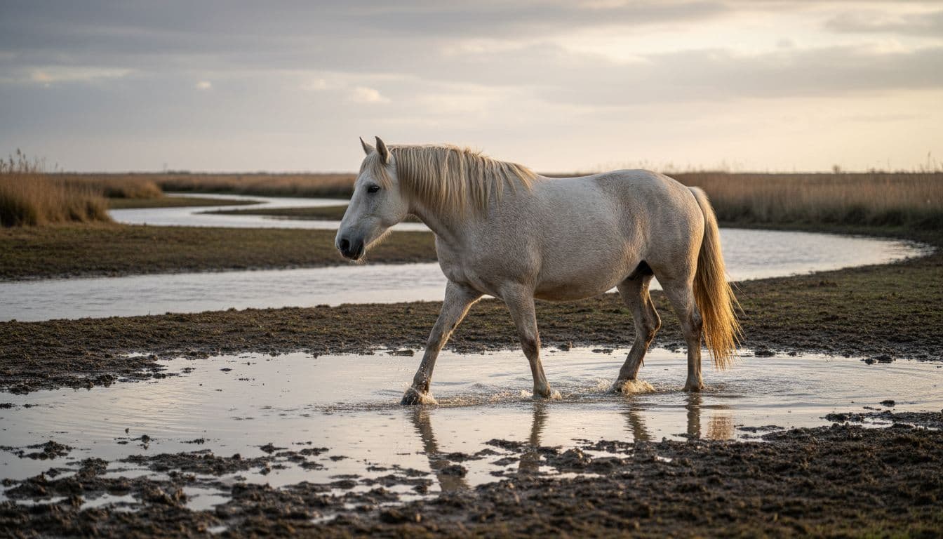 Photorealistic high-definition illustration of a light gray almost white Camargue horse walking calmly through shallow water in a partially flooded paddock amid the Camargue landscape with water channels, reeds, and cloudy sunset sky.