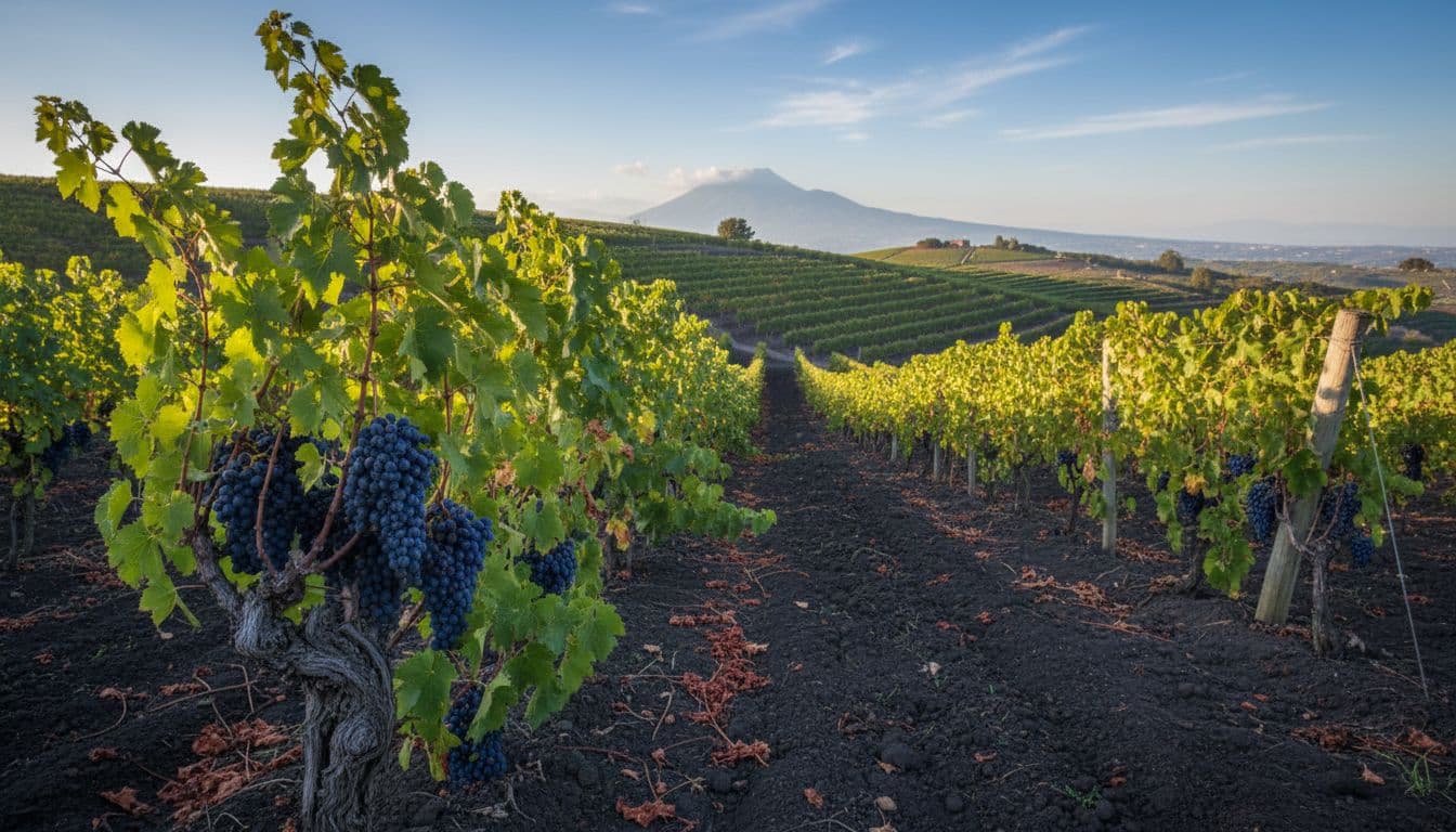 Vigneti di Aglianico su colline vulcaniche in Campania al mattino