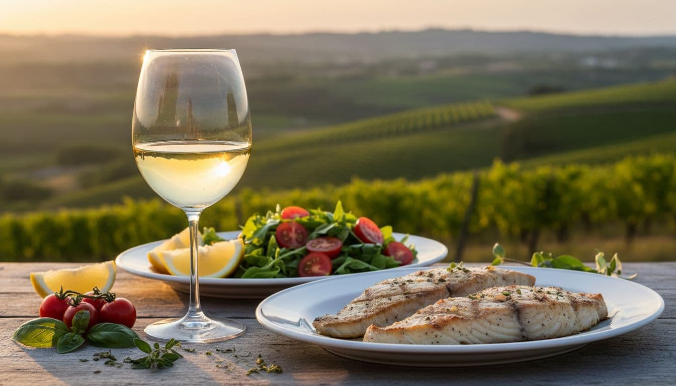Calice di Falanghina con piatti di pesce e limoni su tavola rustica