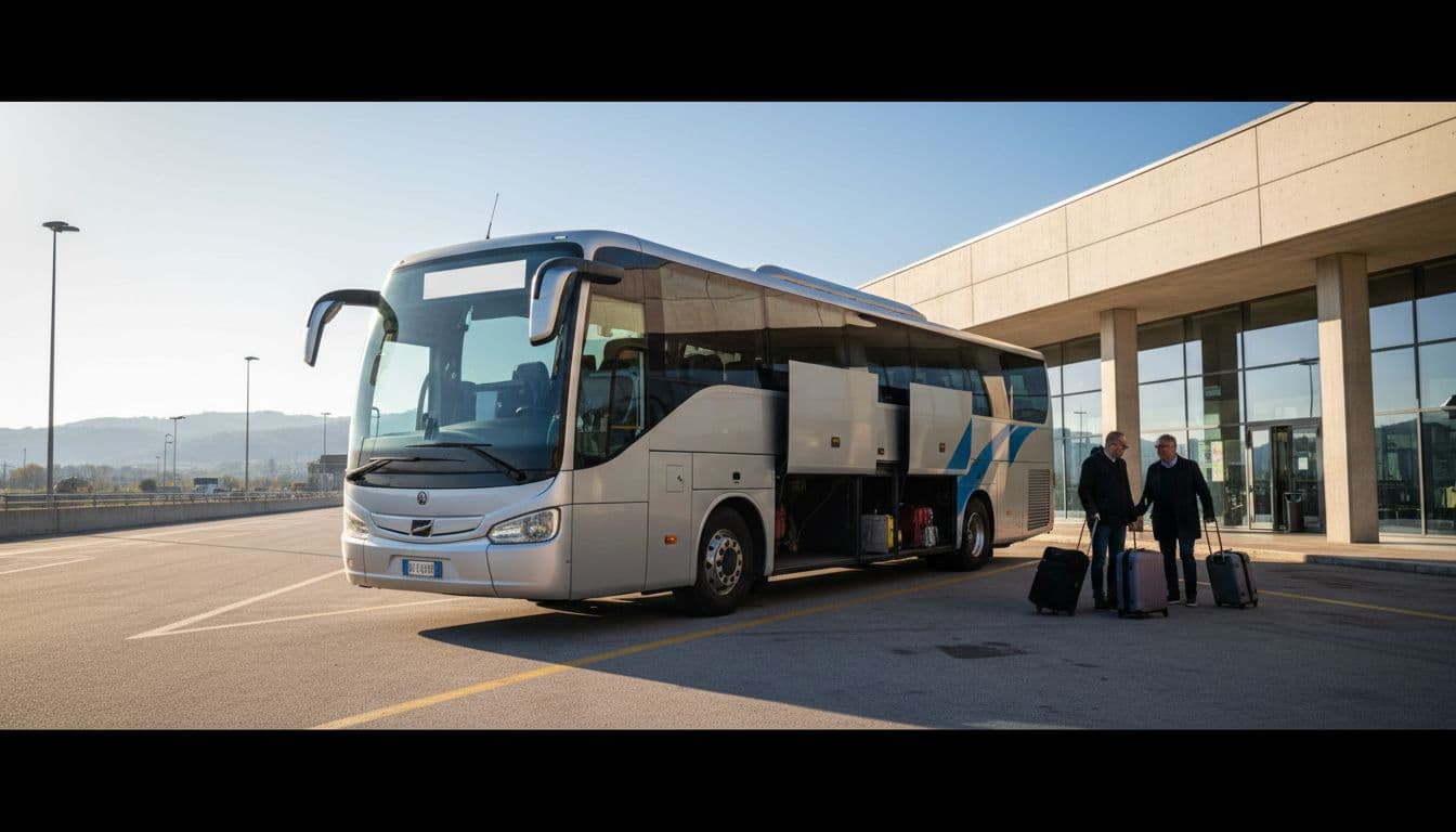 Modern coach bus stopped at Campobasso bus terminal in Molise, Italy, on a sunny morning with passengers and luggage waiting nearby in a wide-angle realistic shot.