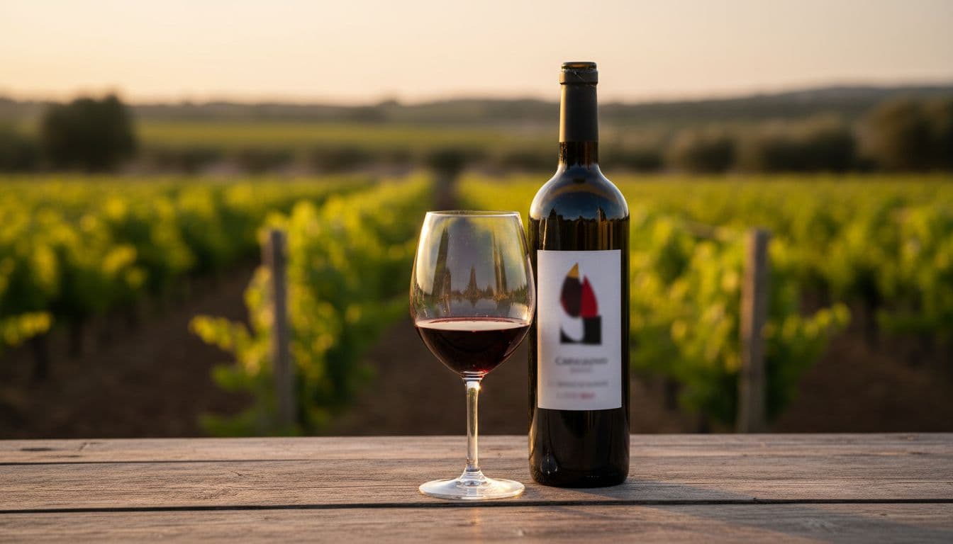 Realistic high-quality photograph of a Carignano sul Sulcis red wine bottle and poured glass on a rustic Sardinian wooden table, with blurred Mediterranean vineyard background, wine reflections, and warm evening light.