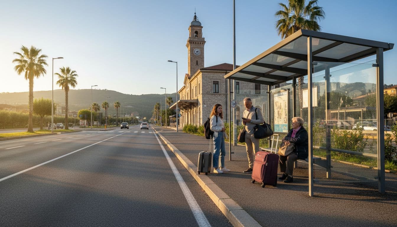 Vista ampia di una tipica fermata autobus a Cassino con pensilina vicino alla stazione ferroviaria, tre persone rilassate con valigie attendono in una luminosa mattina.
