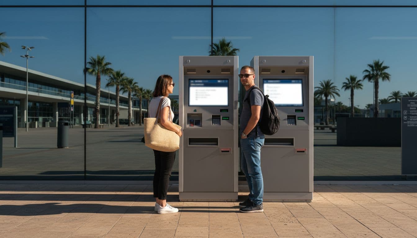 External frontal view of a brightly lit touch screen automatic ticket machine at Catania Fontanarossa Airport on a sunny Sicilian day, with exactly two passengers in a short queue, hands in pockets or bags. Realistic photographic style with natural lighting, blurred screen text, no visible logos or watermarks.