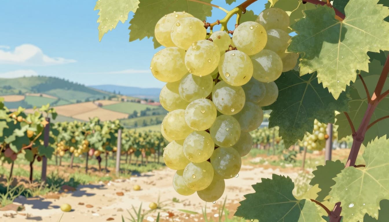 Grappolo di uva Catarratto in primo piano in un vigneto siciliano soleggiato