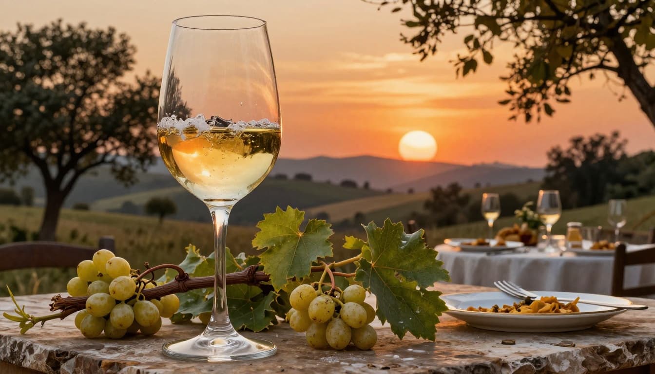 Calice di vino bianco Catarratto su tavolo rustico in pietra, con riflessi dorati e grappolo accanto