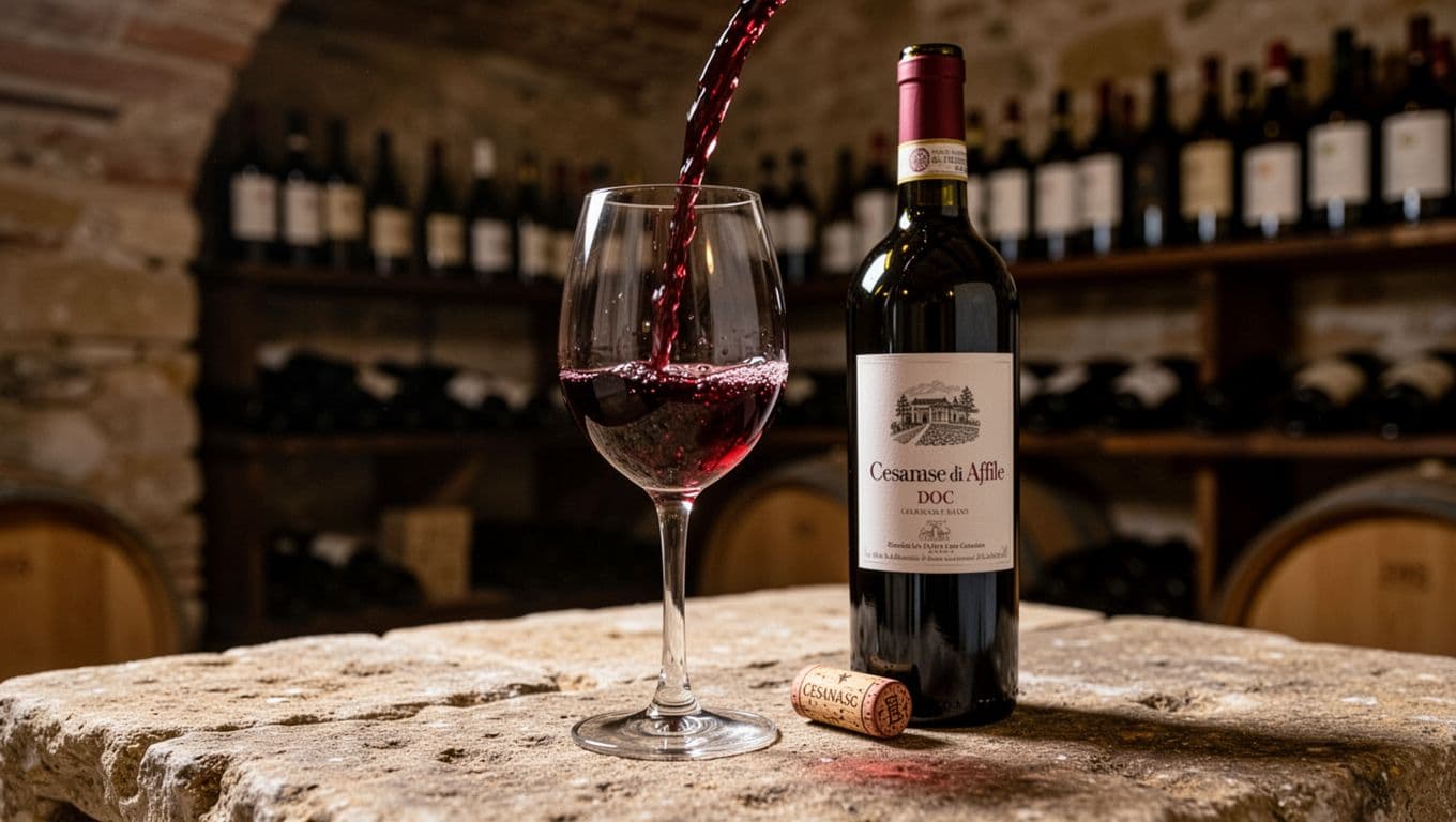 Realistic photograph of a crystal glass filled with intense ruby Cesanese red wine with garnet reflections, on a stone table in a historic Lazio winery under warm diffused light, with an open bottle nearby and dimly lit bottle shelves in the background.