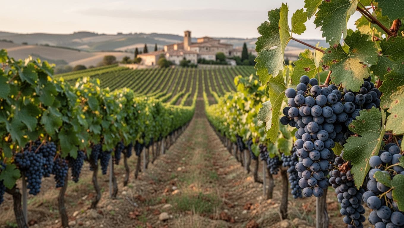 Realistic high-resolution photo of an orderly Cesanese vineyard on gentle Lazio hills under warm late afternoon light, featuring ripe blue-violet grape clusters in sharp foreground focus with soft bokeh background of a hilltop village.
