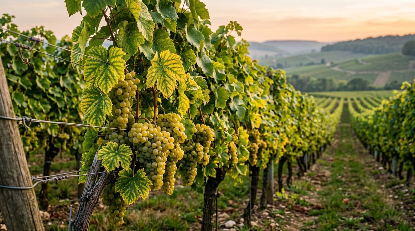 Vigneto di Chardonnay al tramonto con grappoli verde dorati in primo piano