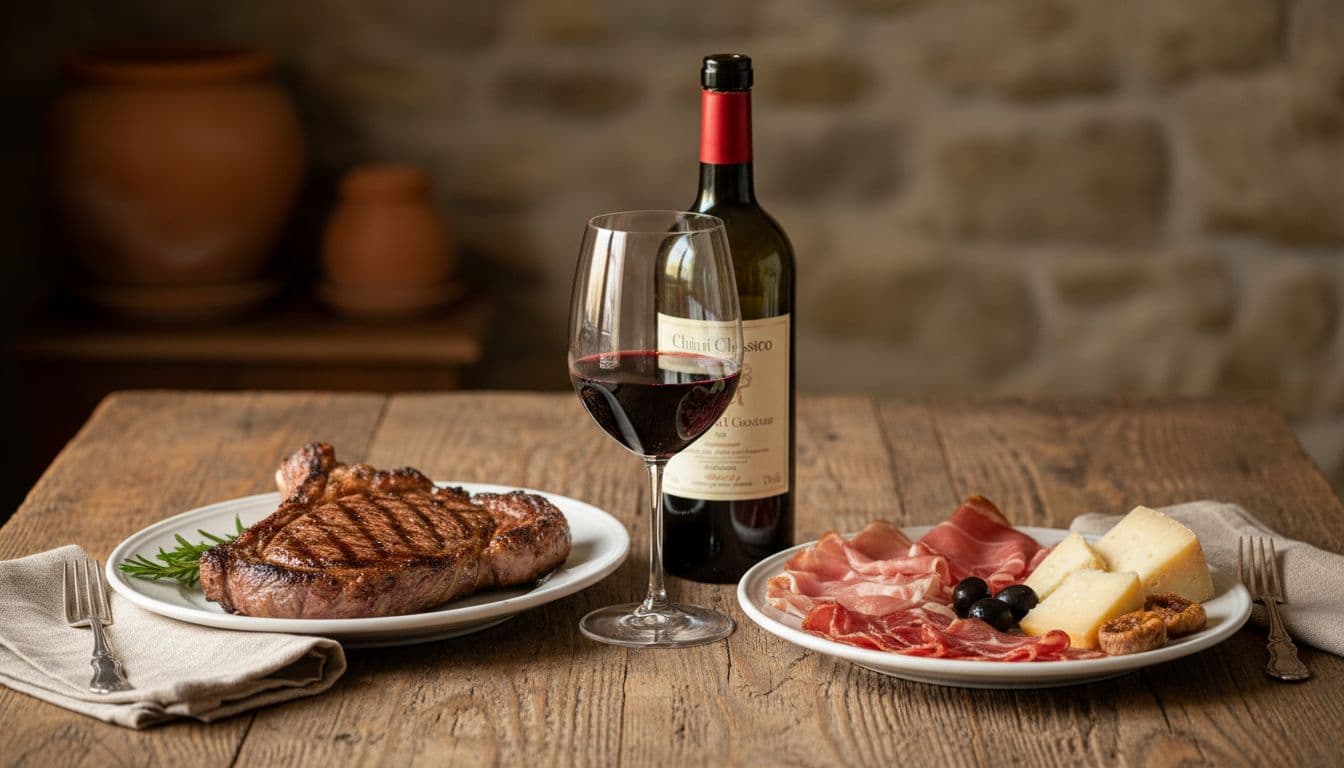 Ruby red Chianti Classico wine glass and bottle on a rustic Tuscan wooden table, set with grilled bistecca alla fiorentina, sliced salumi, and aged cheeses under warm natural light.