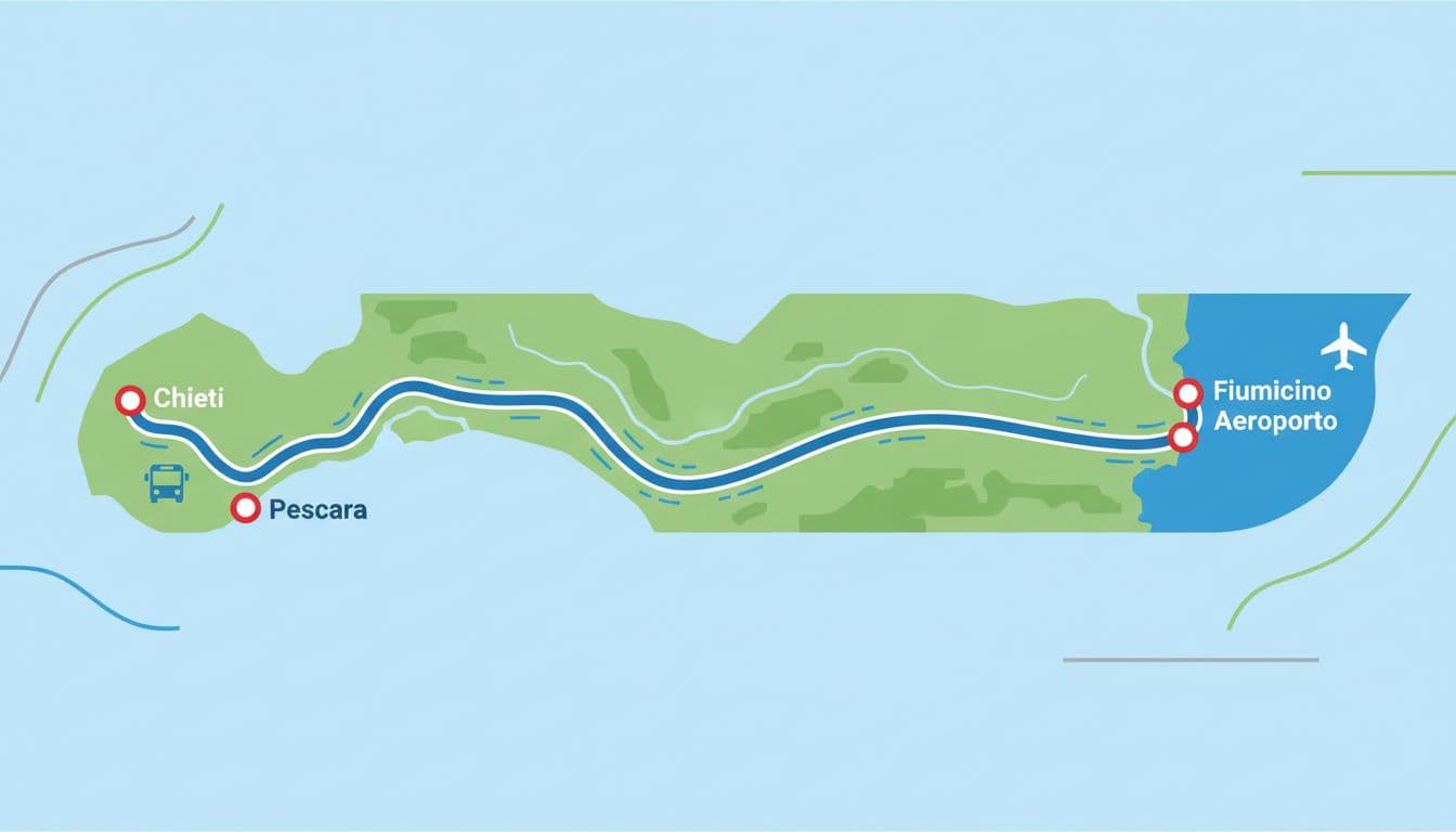 Mappa stilizzata orizzontale del percorso da Chieti centro a Aeroporto Fiumicino via Pescara, con fermate chiave indicate da punti rossi su sfondo semplice con strade e icone bus, in stile vettoriale pulito con colori blu e verde.