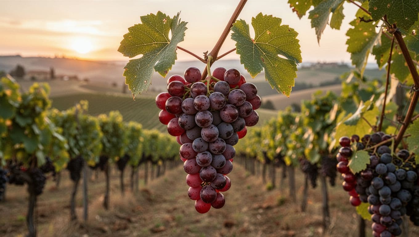 Photorealistic close-up of a mature Ciliegiolo grape bunch featuring medium-small dark cherry-red berries with light bloom, attached to a vine shoot with healthy green leaves, set in a Tuscan hillside vineyard at sunset with warm golden light and soft bokeh background.