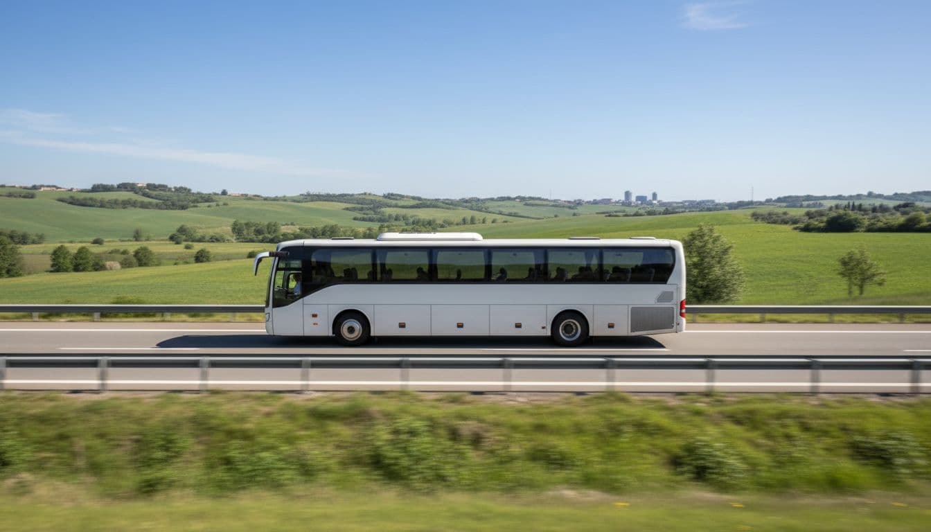 Modern coach bus traveling on A1 highway from Frosinone towards Rome Fiumicino airport amid Lazio hills and green fields under clear blue sky.
