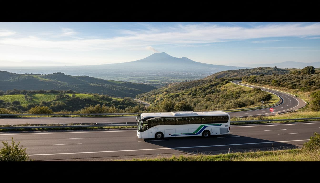Scenic dynamic side-angle shot of a single coach bus driving on the A1 highway from Molise towards Napoli, Vesuvius volcano visible in the distance on a sunny day.