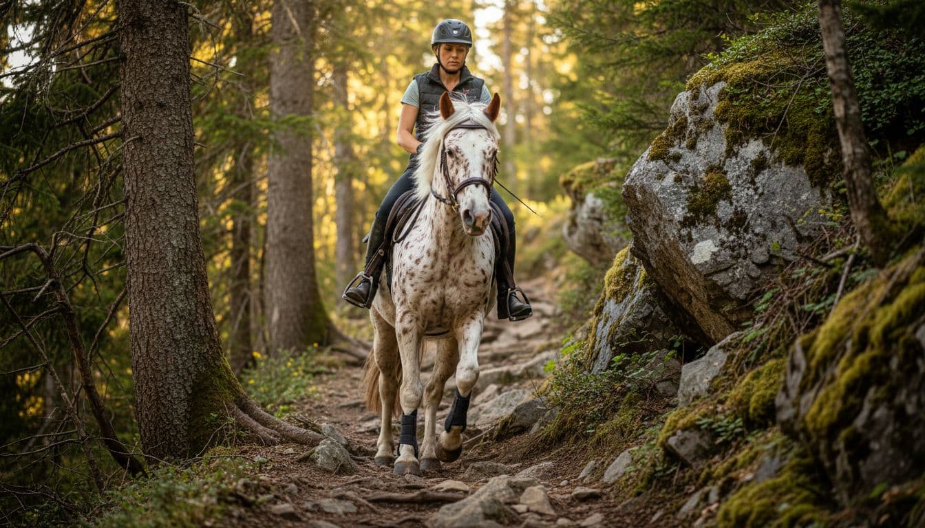 An adult Appaloosa horse advances confidently with stable footing on a narrow, steep mountain trail surrounded by trees and rocks, rider aboard, under golden daylight.