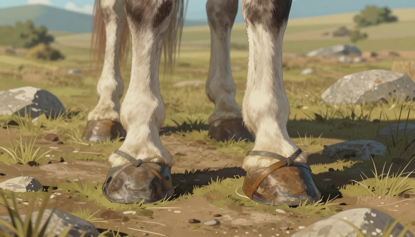 Primo piano fotorealistico di zoccoli larghi e duri di un cavallo Criollo su terreno roccioso, con corno sano e pareggio curato.