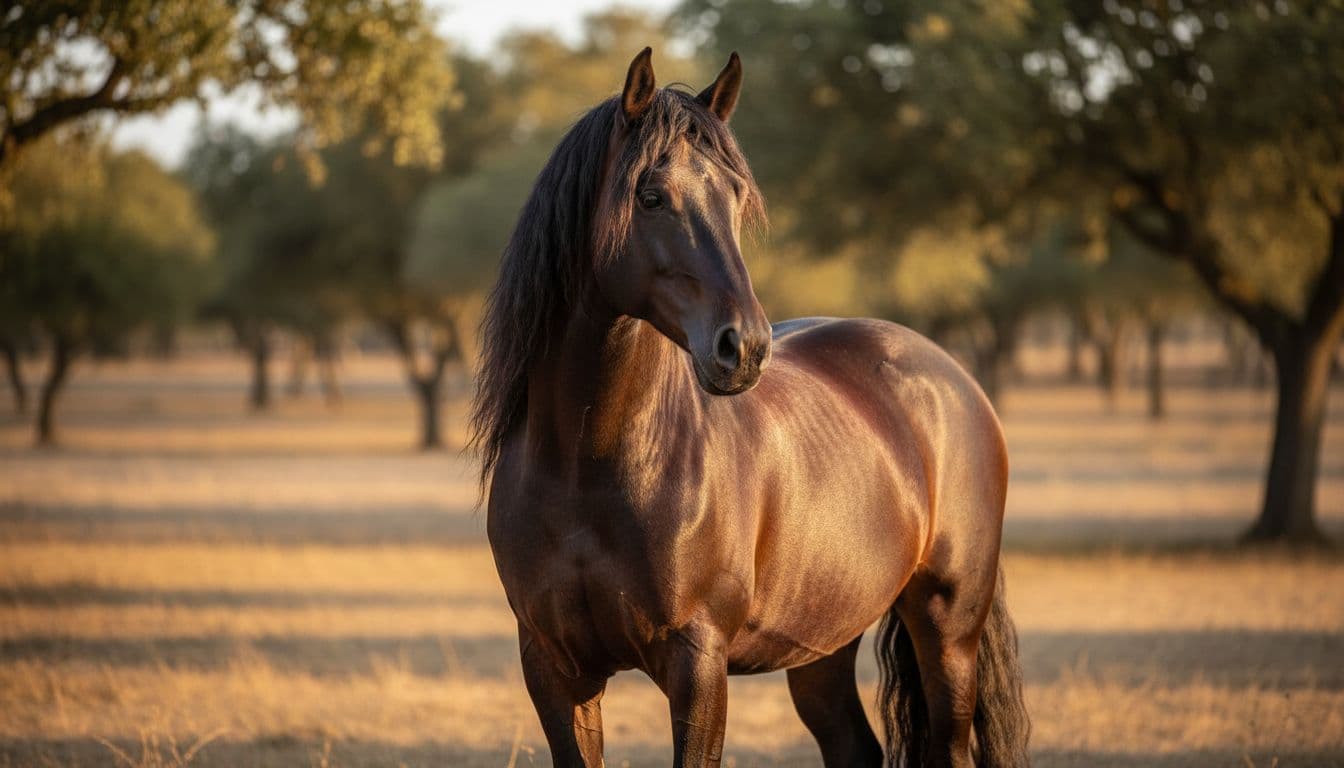 Ritratto realistico di un cavallo andaluso baio al tramonto