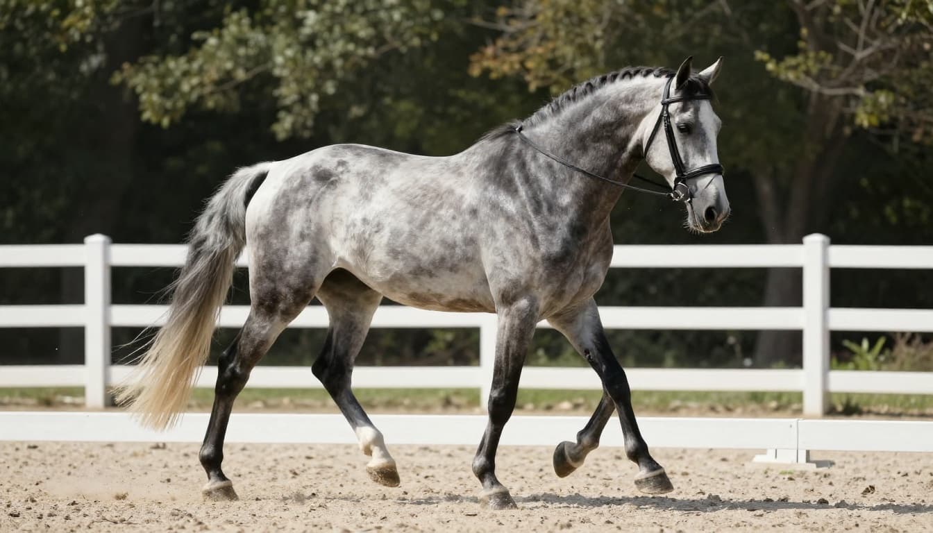 Realistic portrait of a 5-year-old dark bay Hanoverian dressage horse with athletic build, small forehead star, and elastic walk in a sandy dressage arena under soft morning light with blurred tree bokeh background.